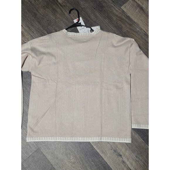 ZESICA Women's Knit Sweater Large Sand Crewneck Long Sleeve Striped Trim NWT - Picture 5 of 5